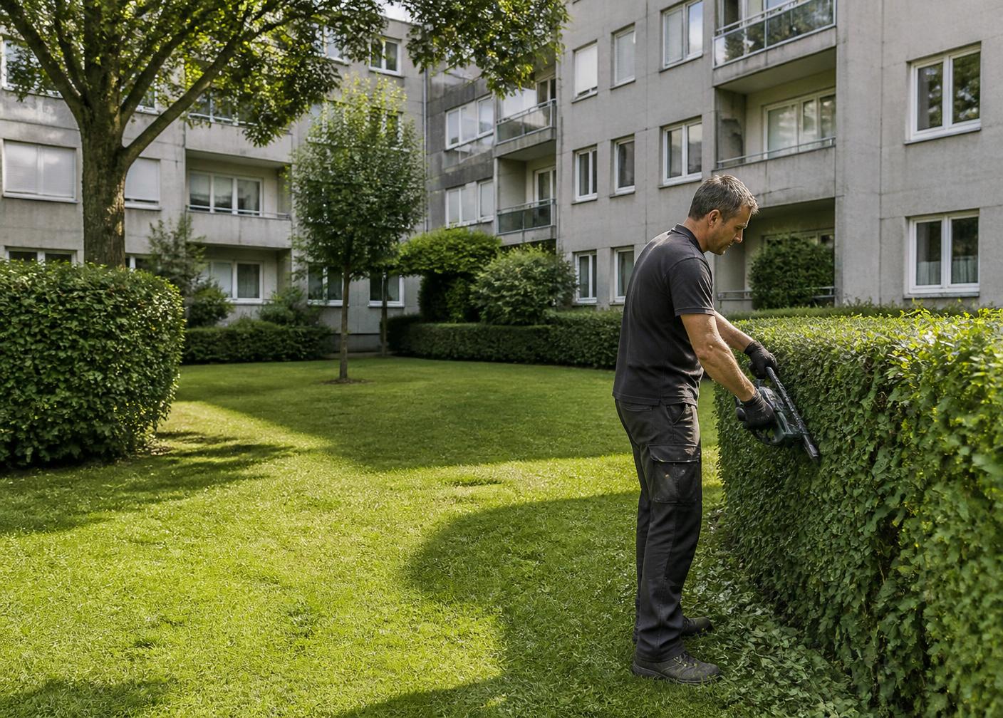 Gärtner schneidet die Hecke im Innenhof einer Wiener Wohnhausanlage