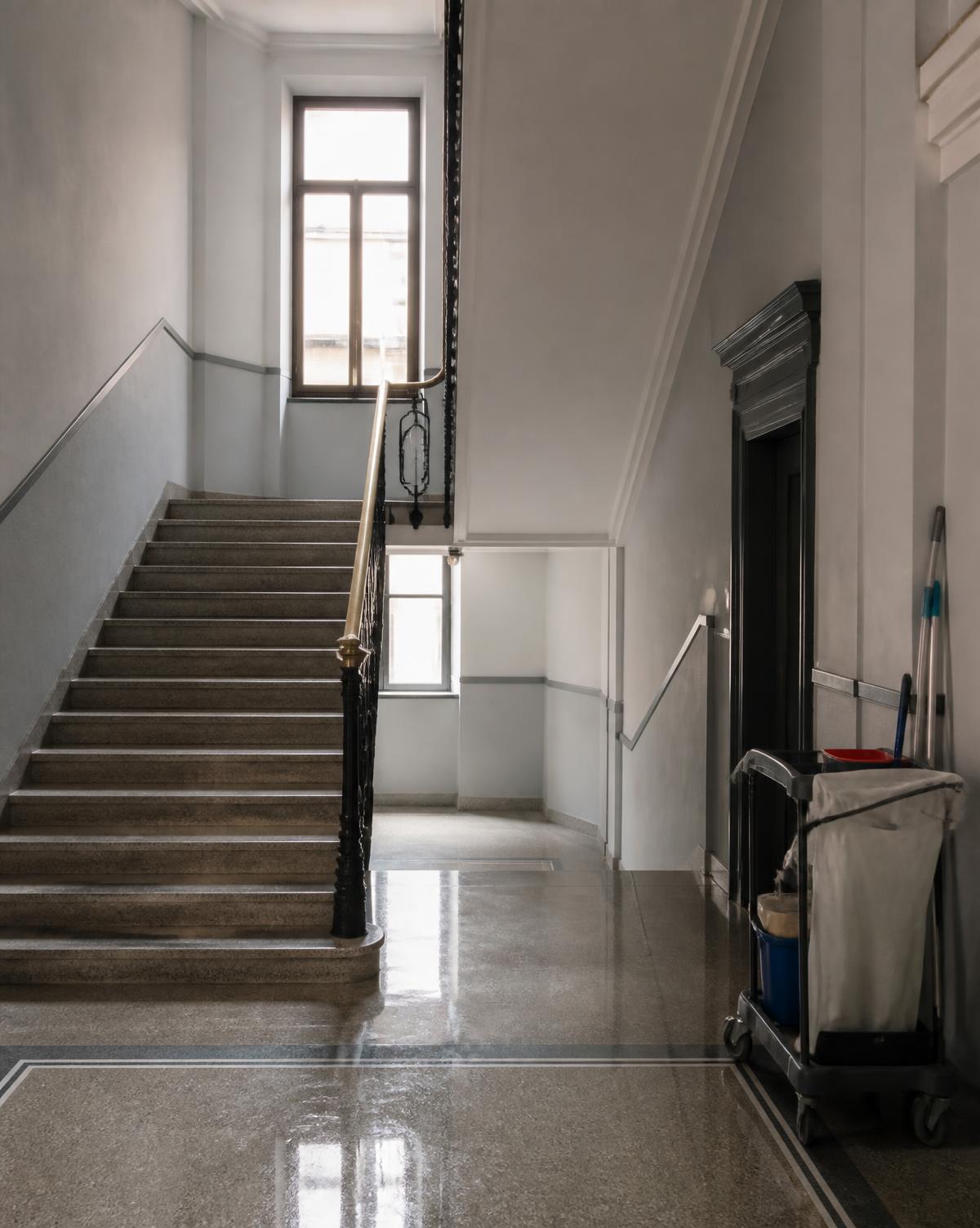 Frisch gereinigtes Stiegenhaus eines Wiener Altbaus mit Terrazzoboden