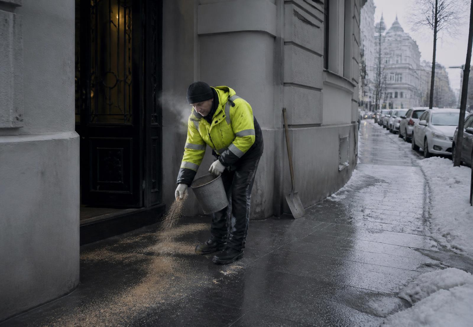 Mitarbeiter im Winterdienst streut Splitt vor einem Wiener Hauseingang